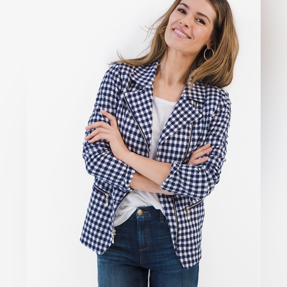 Chico's Blue White Check Asymmetric Zipper Moto Jacket Stretch Lined Womens